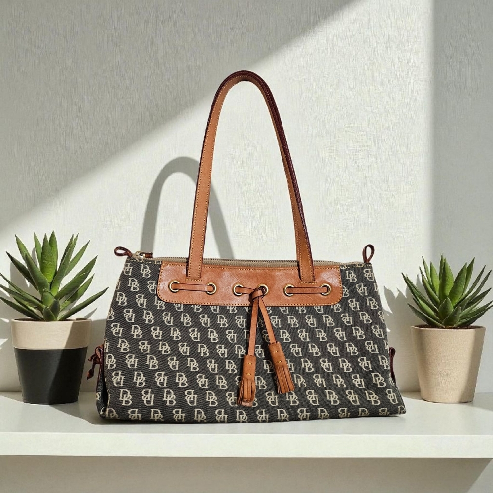 Dooney & Bourke Vintage Monogram Canvas Satchel Bag Tan Leather